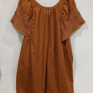 Old Navy Women XL Swing Dress Terracotta Brown Crochet Fluttersleeve Pockets Eco